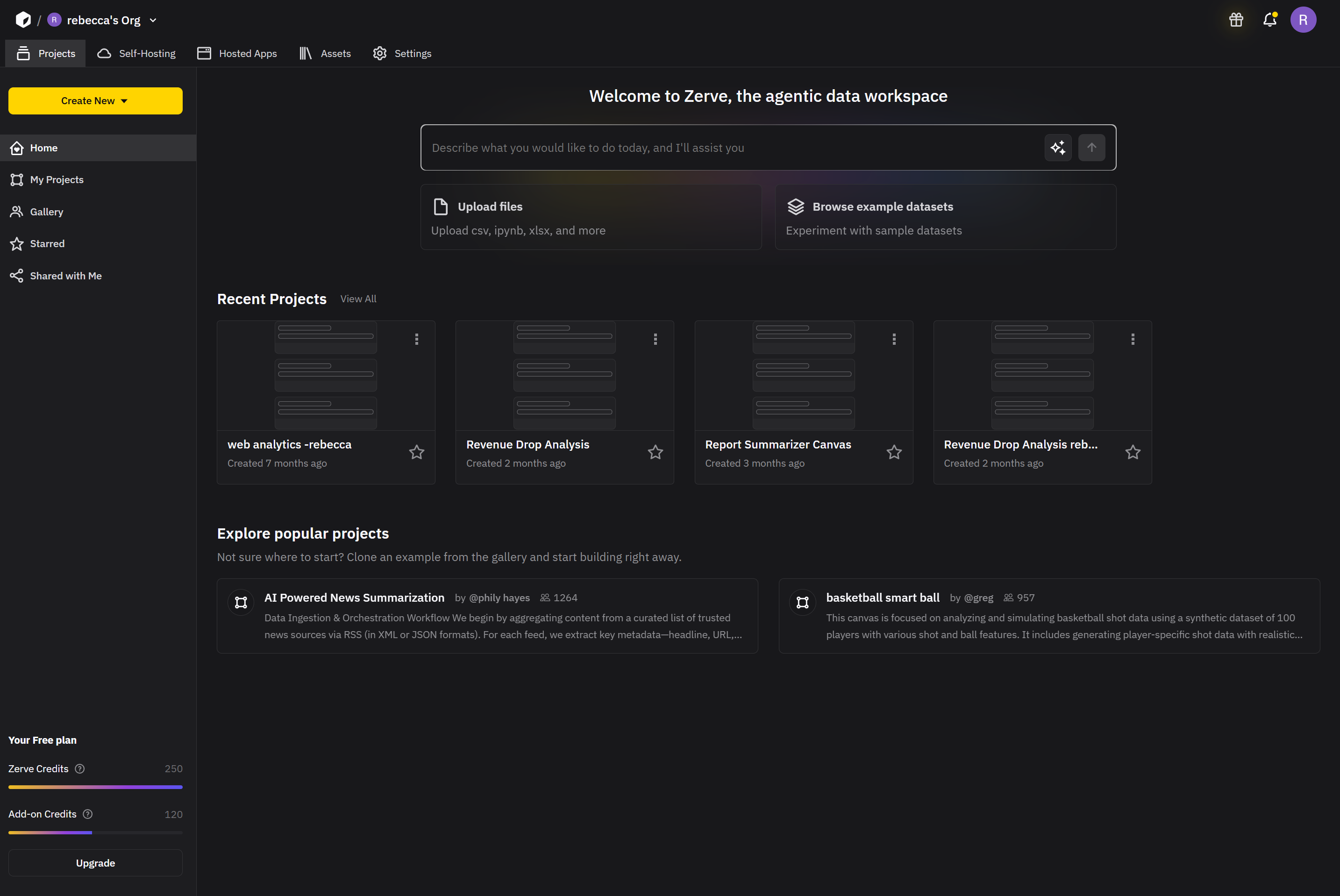 Zerve screenshot: The Zerve app home page displays your recent projects, some top projects, and the prompt box for the Zerve agent. Start your Zerve project by prompting the Zerve agent with what you are looking for, or upload a file to start analyzing it. 