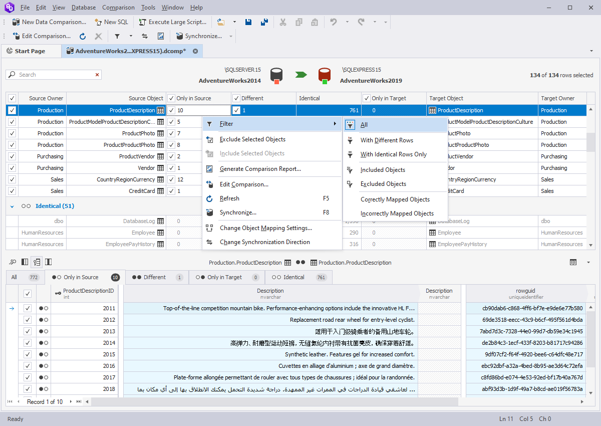 dbForge SQL Tools Software - Comparison Results Management