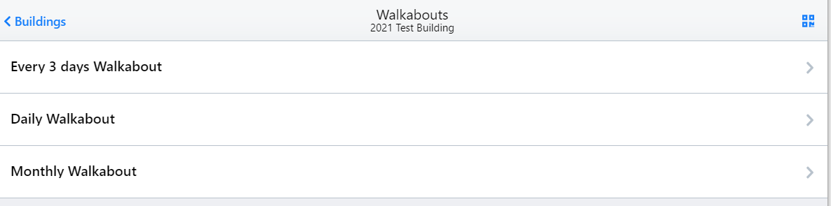 All inspections are organized into walkabouts.  To begin with the user selects the particular walkabout, and then begins their inspection.
