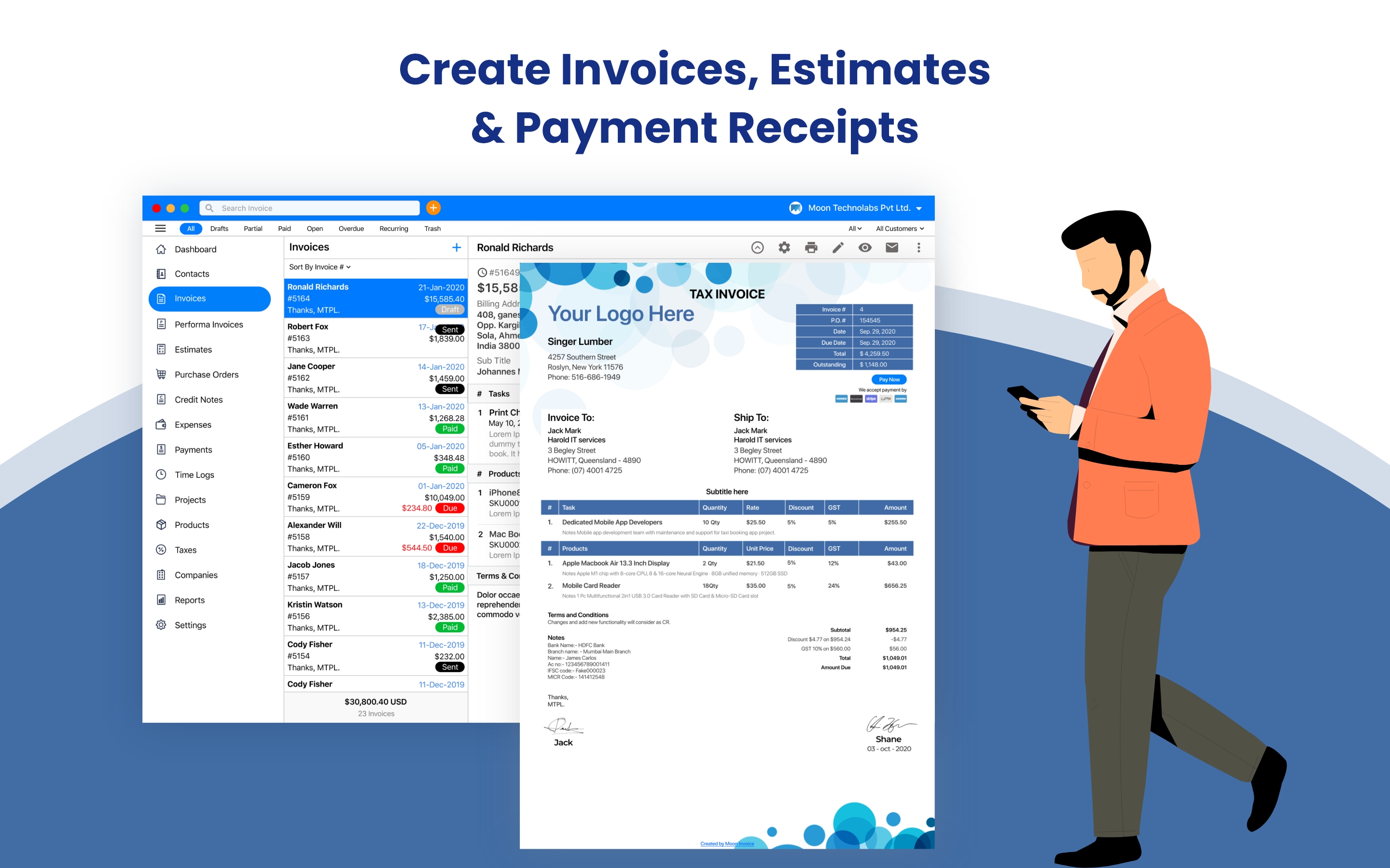 Create Invoices, Estimates & Payment Receipts
