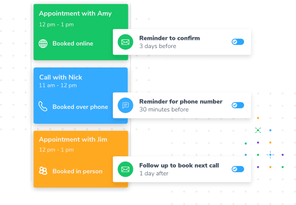An automated appointment reminder sequence showing how Apptoto can be used to send emails, SMS texts, and voice calls