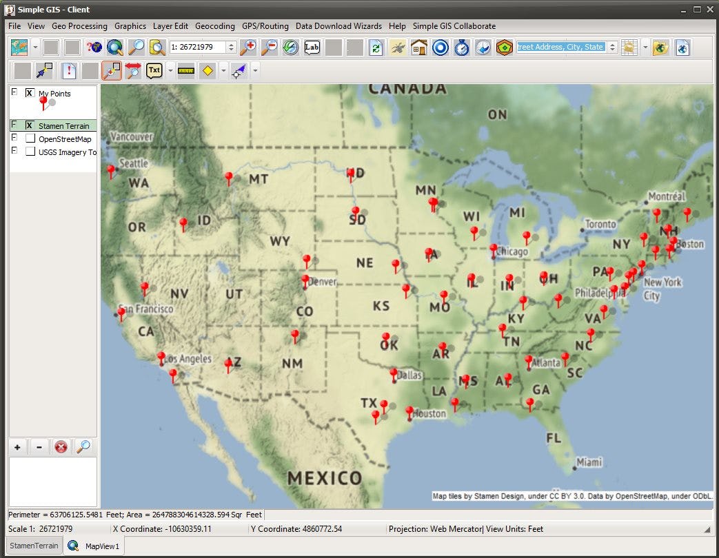 Simple GIS Client Software - Use the built-in geocoding engine to map your data from Excel using street addresses.  If you data already has associated latitude and longitude coordinates, simply add a a layer to your map.  Create professional looking maps and reports.