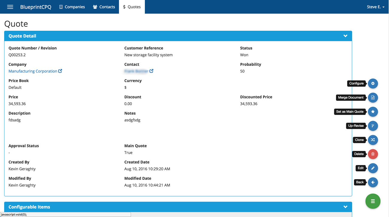 Individual quote detail with actions navigation open