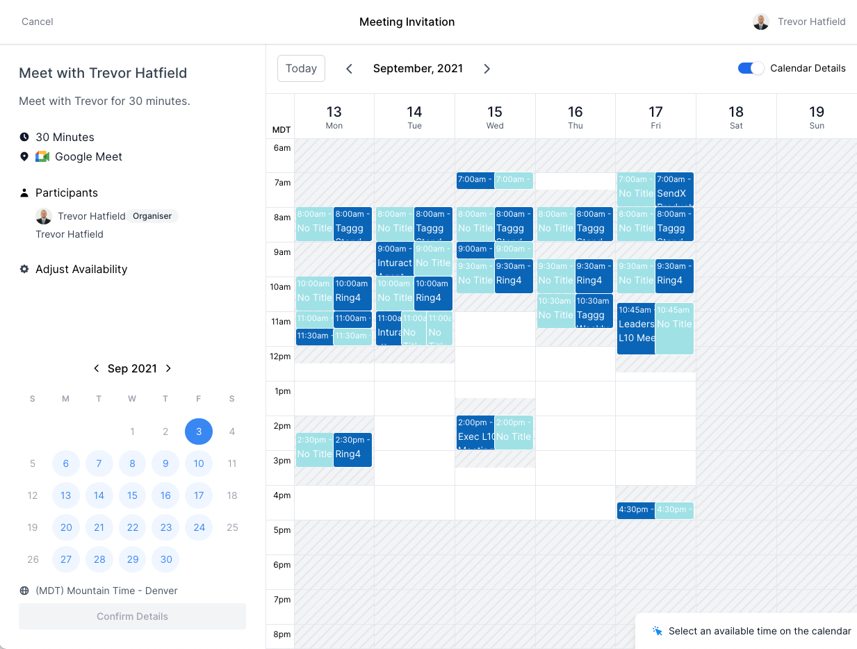 Taggg screenshot: Find a time to meet by overlaying your calendar.