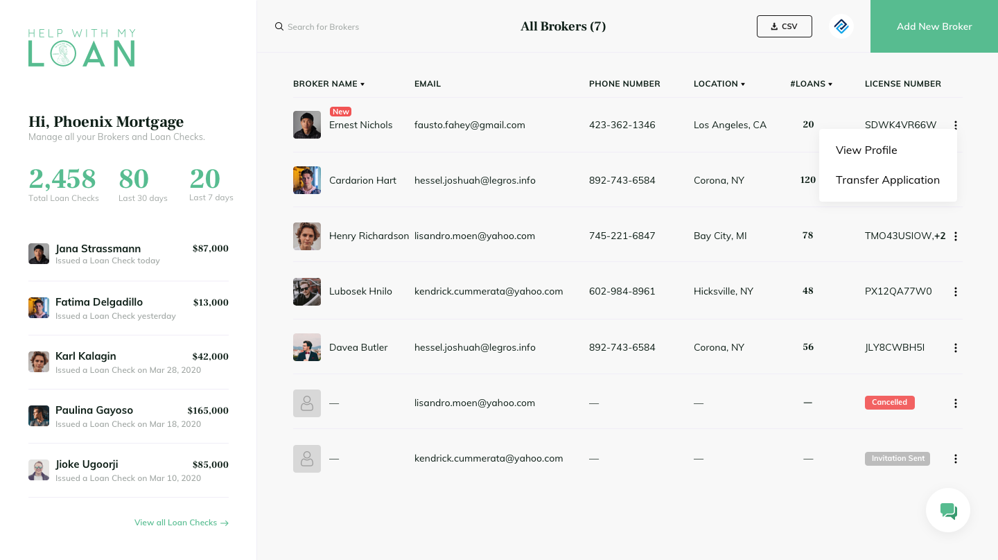 Broker company dashboard to manage employees,  company reporting, and pipeline management.