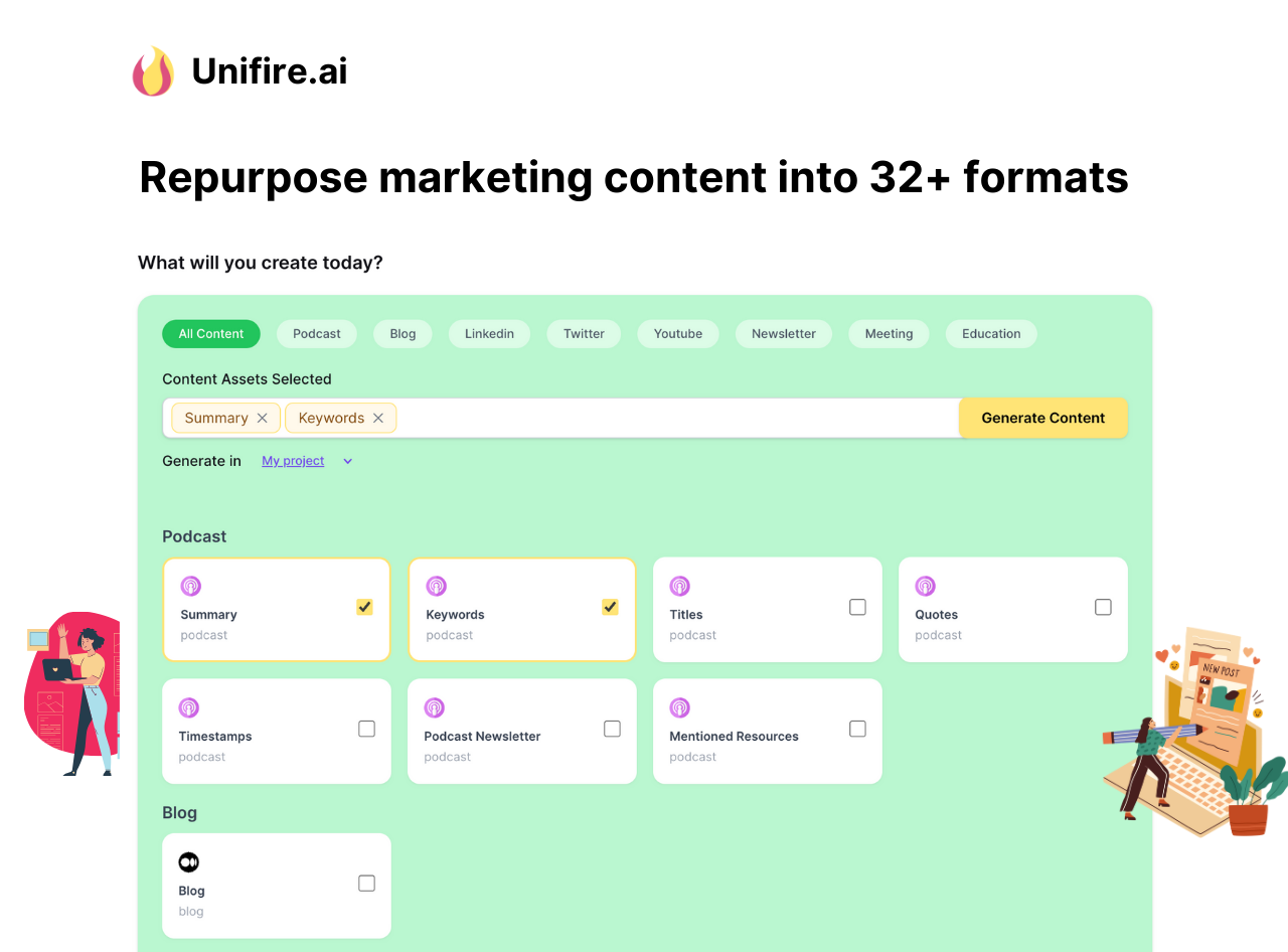 Select from 32+ content formats before starting your content repurposing task