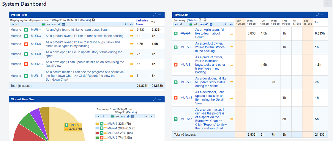 Timesheet Reports and Gadgets dashboard view