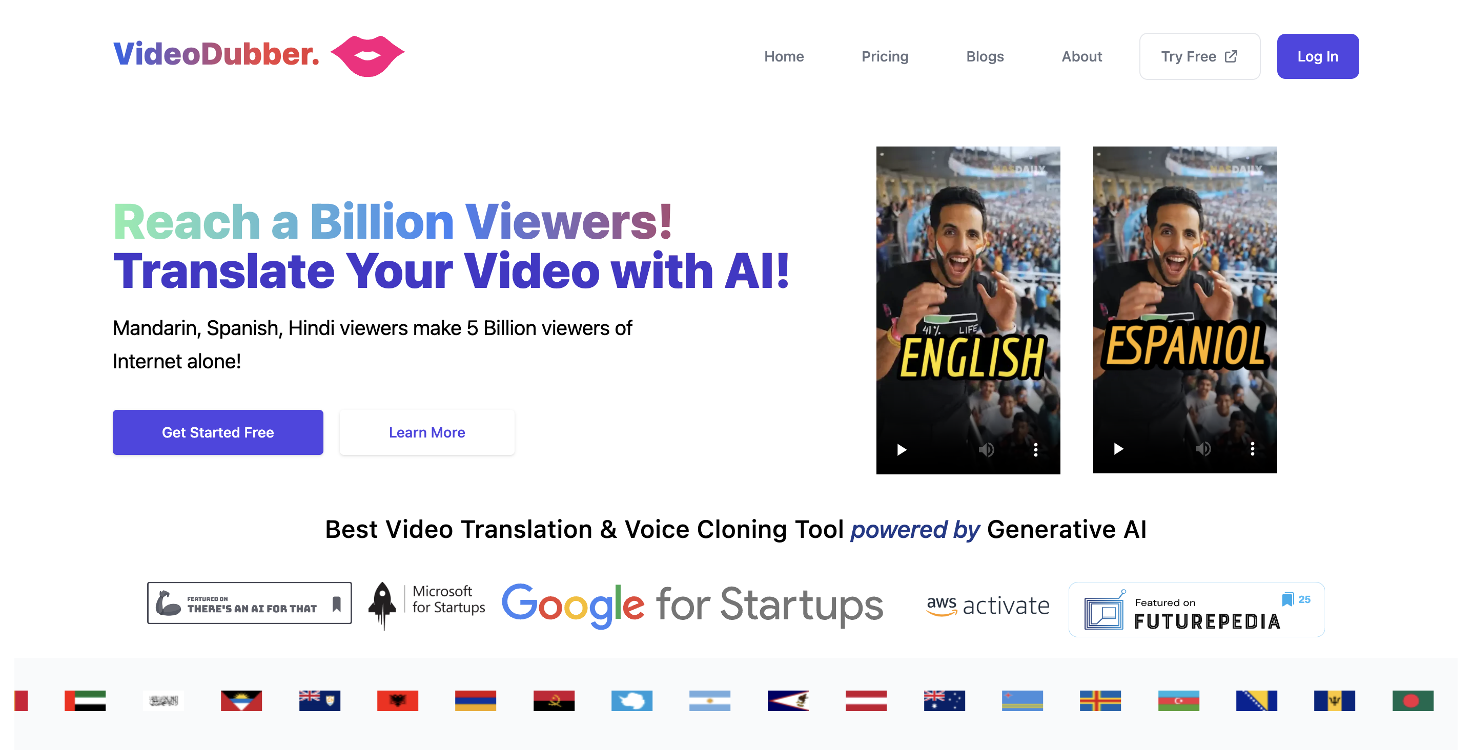 VideoDubber Homepage showcasing its vast language coverage and main offerings with support from Google,AWS and Microsoft..
