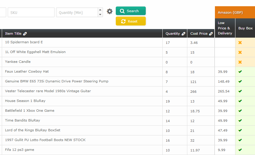 Seller Dynamics screenshot: The searchable product catalog provides a full list of inventory and costs