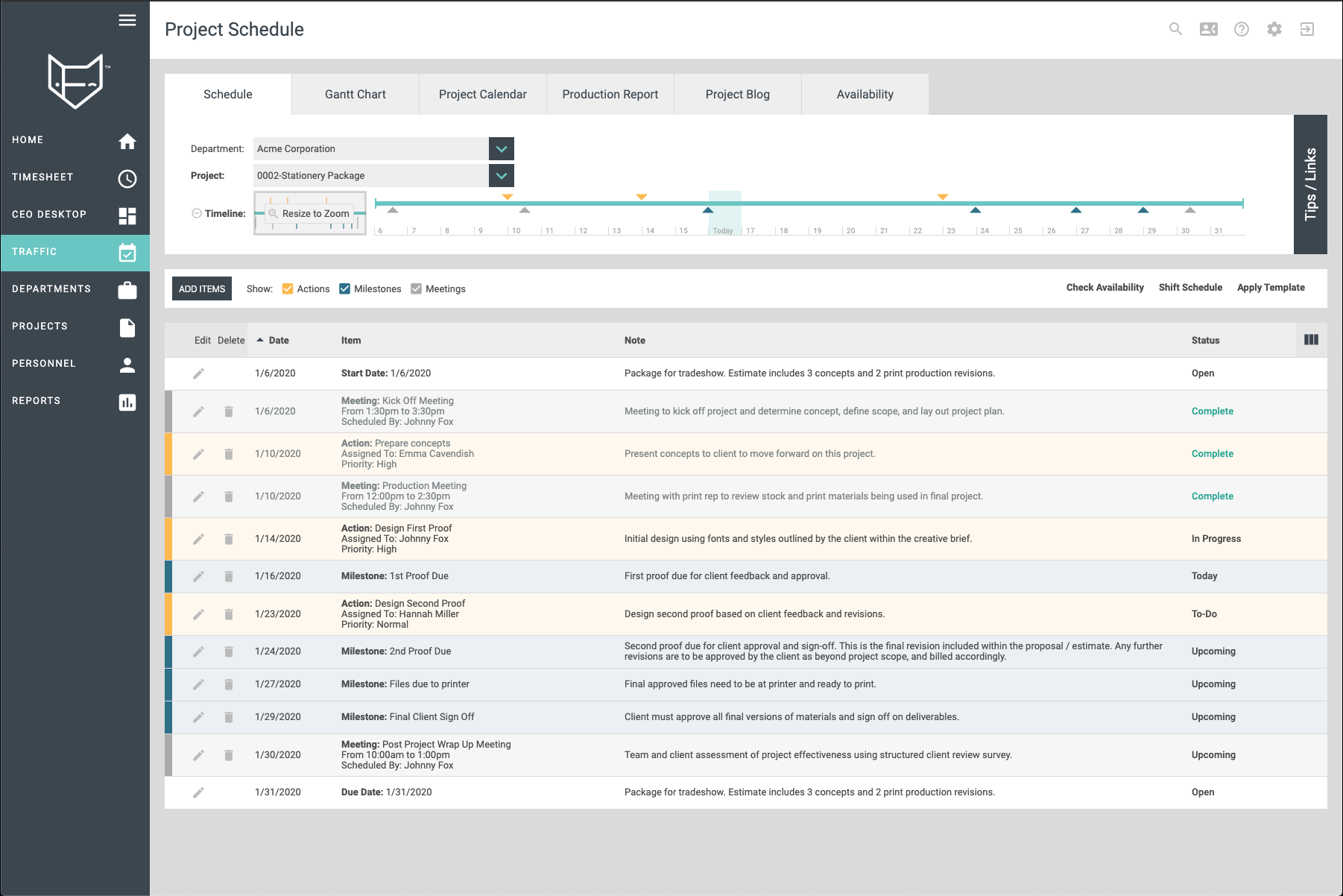 Building out Project Schedules is a breeze with FunctionFox’s project scheduling feature. Add Milestones, Actions, and Project Meetings to account for everything that needs to happen between the start and due dates of your Project.