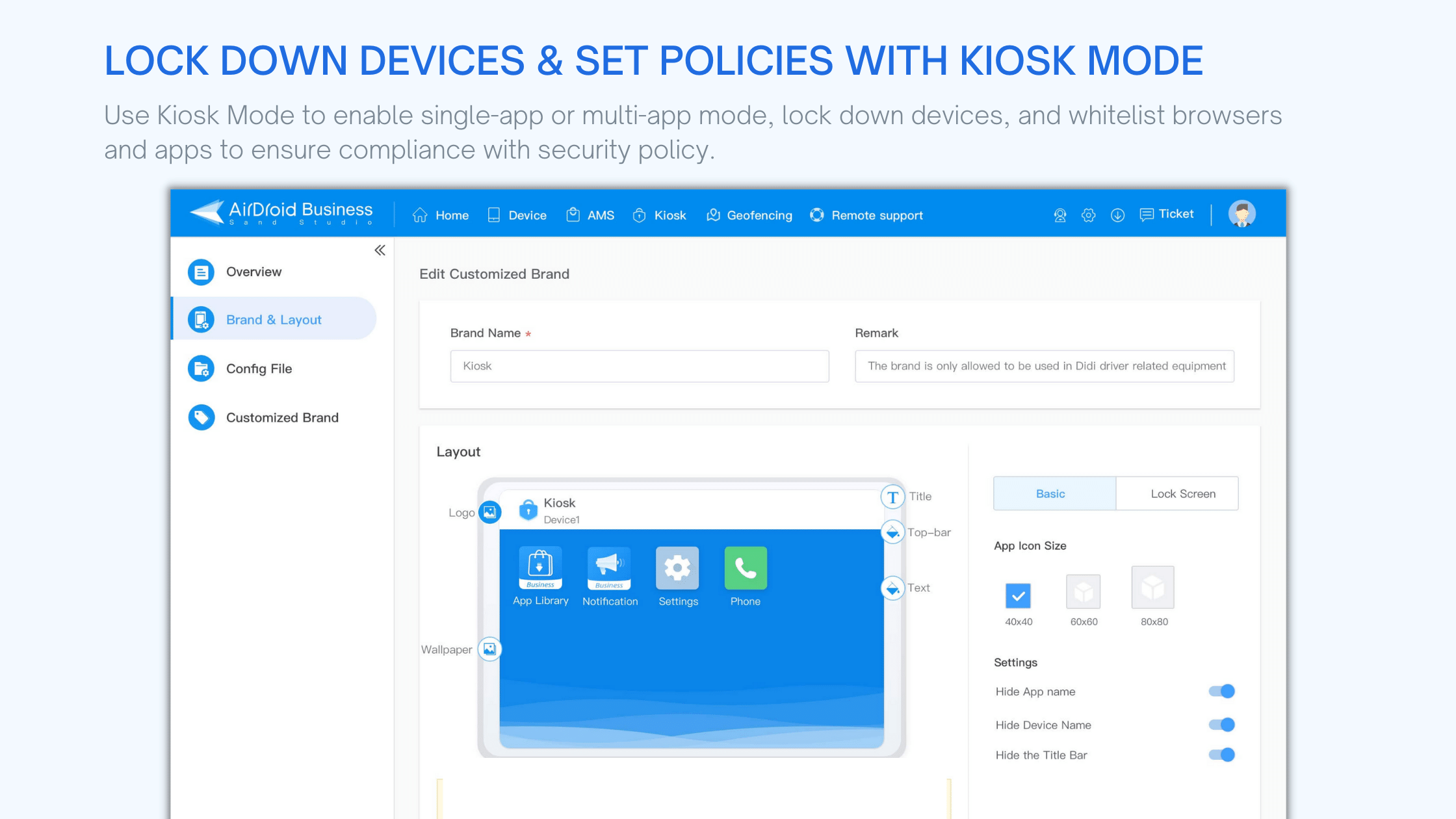AirDroid Business Kiosk Mode offers device lockdown, single-app & multi-app mode, website & app whitelisting, and