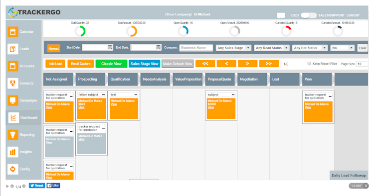 TrackerGO CRM screenshot: Drag and drop features in the sales stage view for lead management
