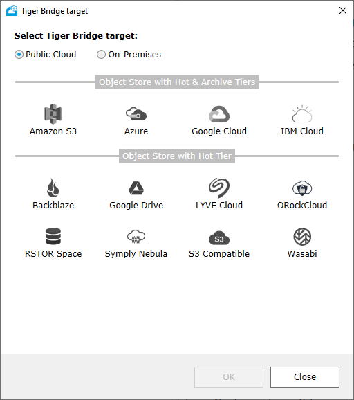 Tiger Bridge screenshot: Tiger Bridge public cloud target