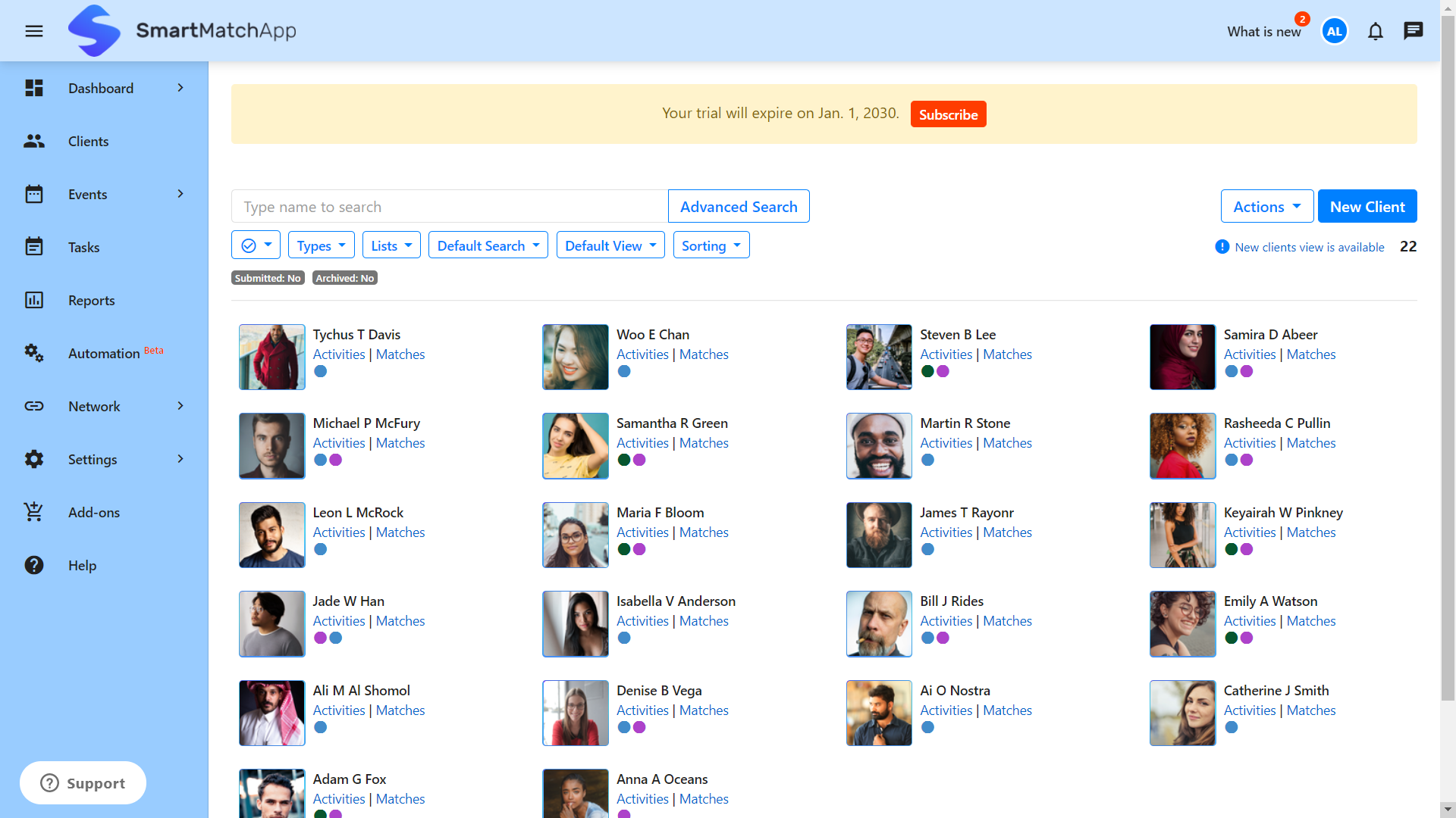 SmartMatchApp screenshot: SmartMatchApp Matchmaking Database Overview