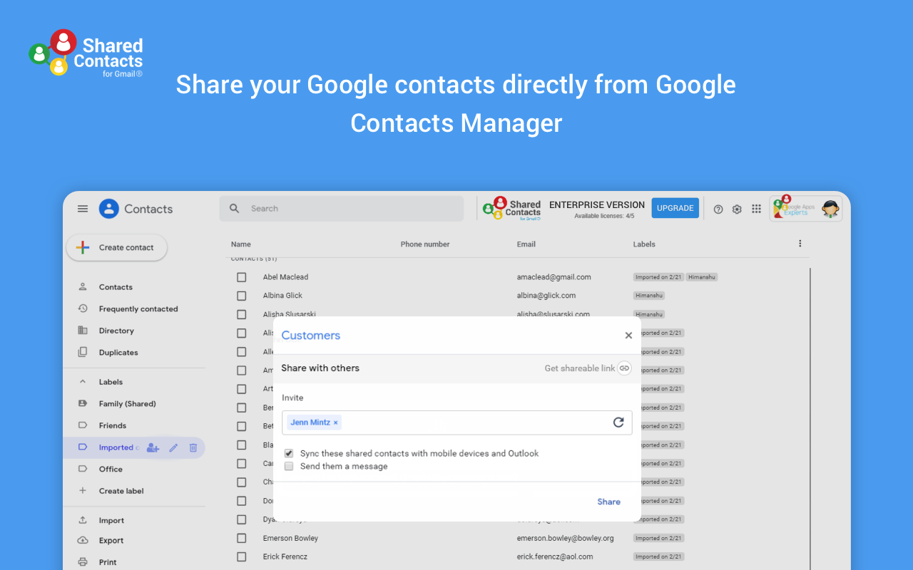 Shared Contacts for Gmail share contacts