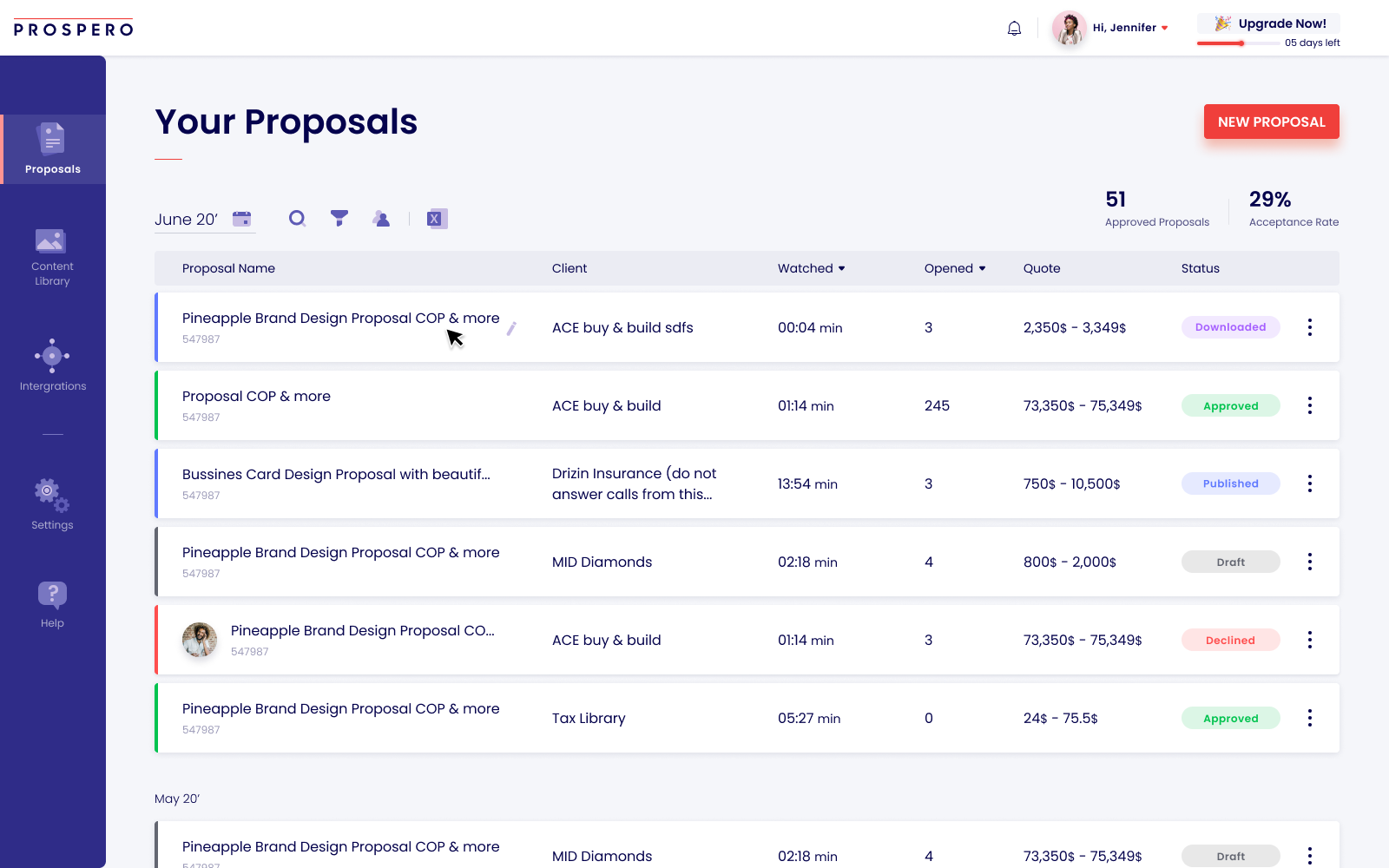 Get a look at all your proposals directly from your dashboard