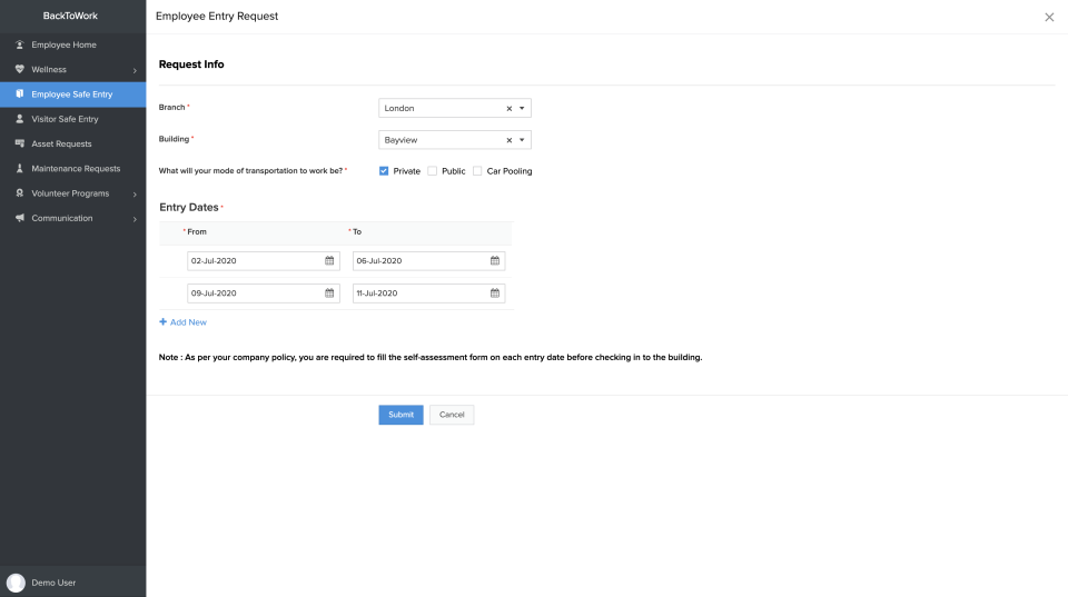 Zoho BackToWork screenshot: Zoho BackToWork Employee entry request