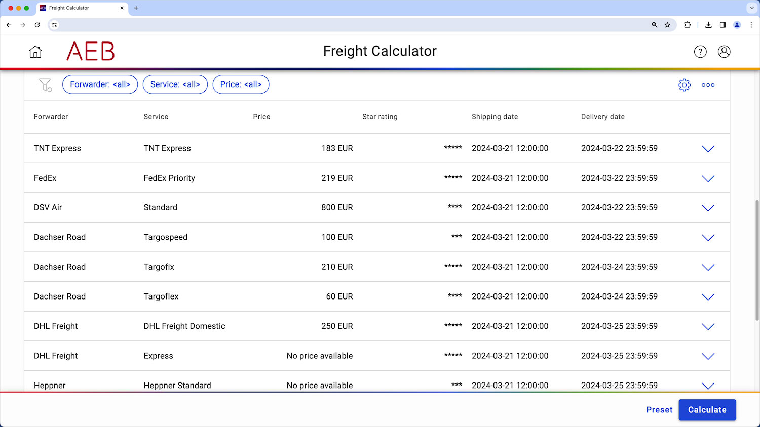 AEB Shipping screenshot: AEB Shipping freight calculator