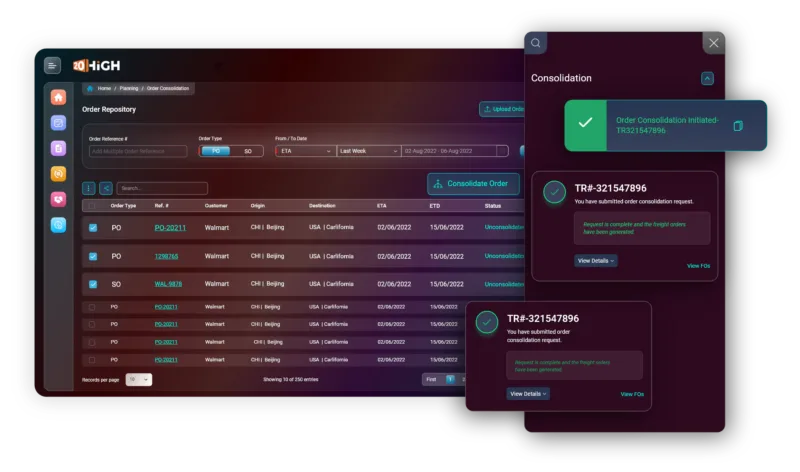 20High screenshot: 20High automatically consolidate orders into minimum number of shipments using preset rules in the application.