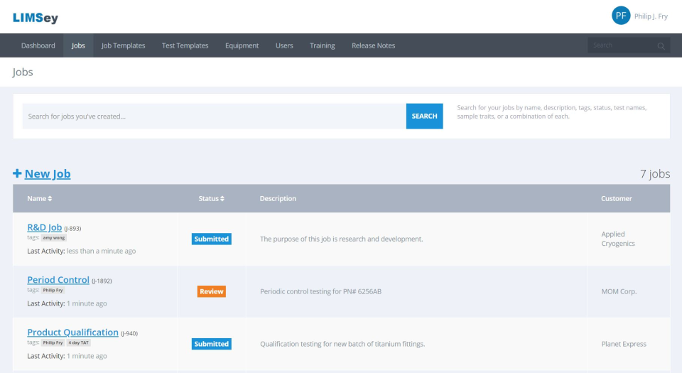 LIMSey jobs list and search screenshot