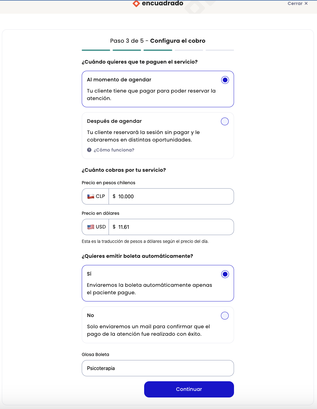 Encuadrado screenshot: Encuadrado create service