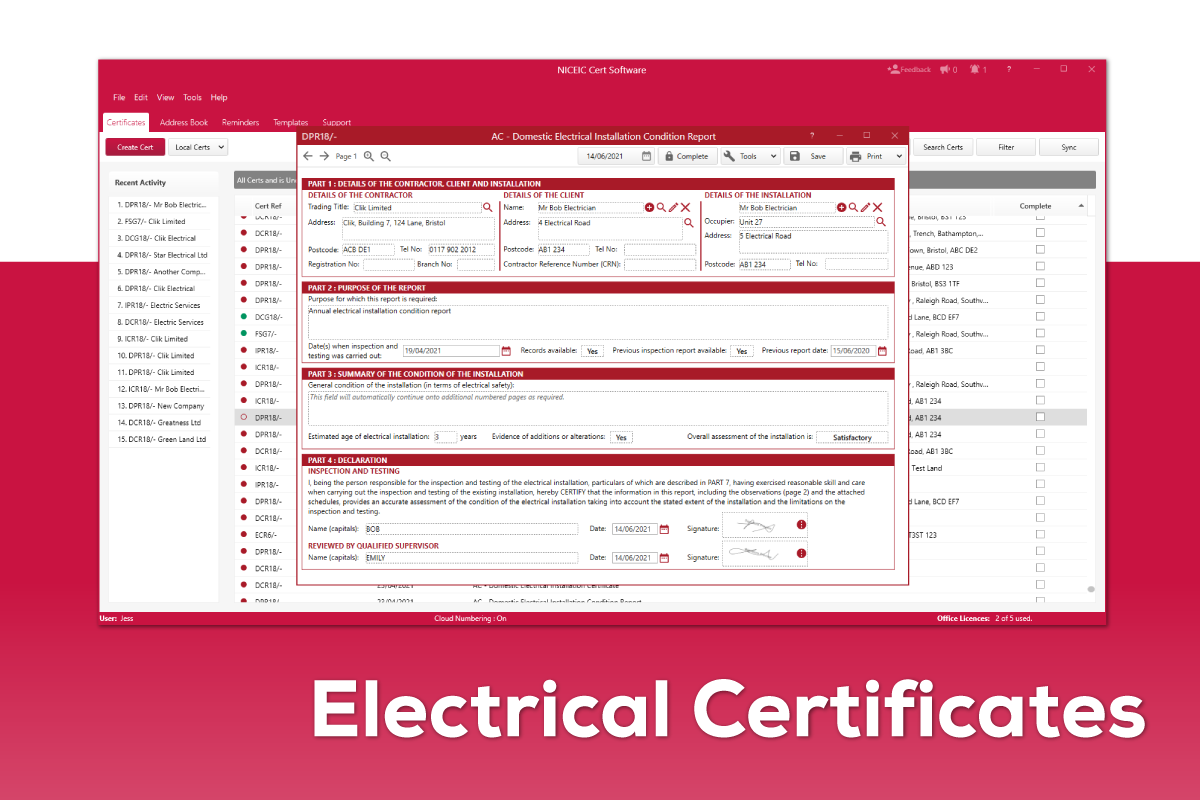 NICEIC Cert Software Electrical Certificates