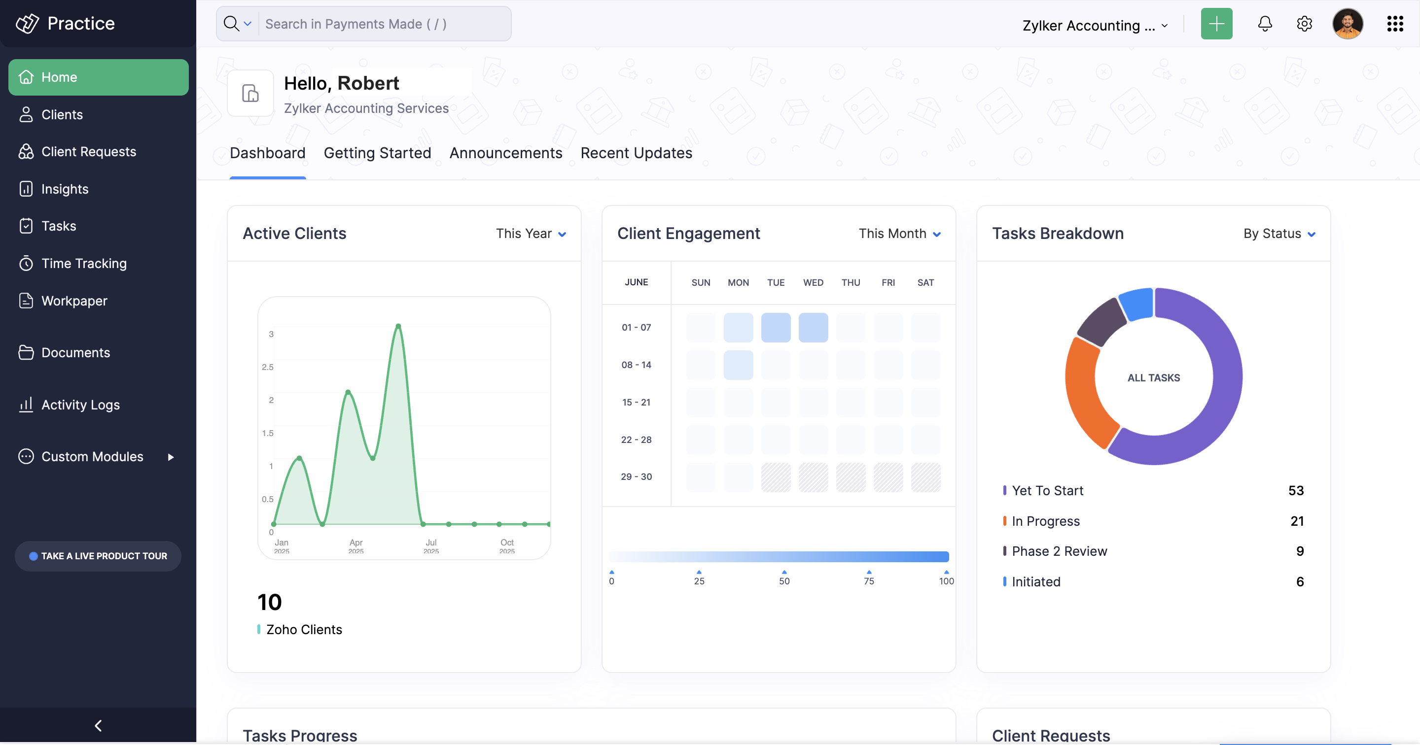 Zoho Practice screenshot: Zoho Practice dashboard