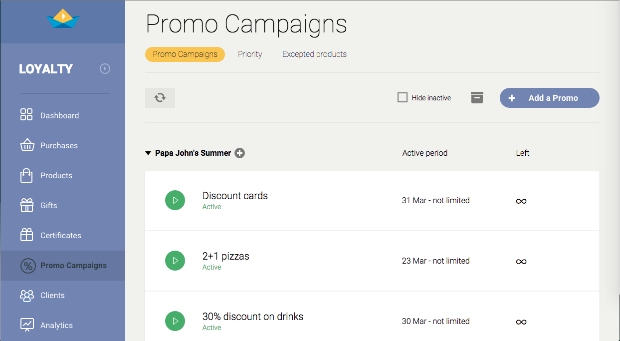 SailPlay screenshot: Promo Campaigns (like "buy 2 get 1 for free", "a gift for a birthday" etc)