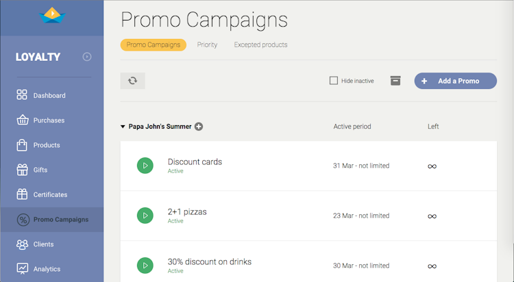 SailPlay Loyalty screenshot: Promo Campaigns (like "buy 2 get 1 for free", "a gift for a birthday" etc)