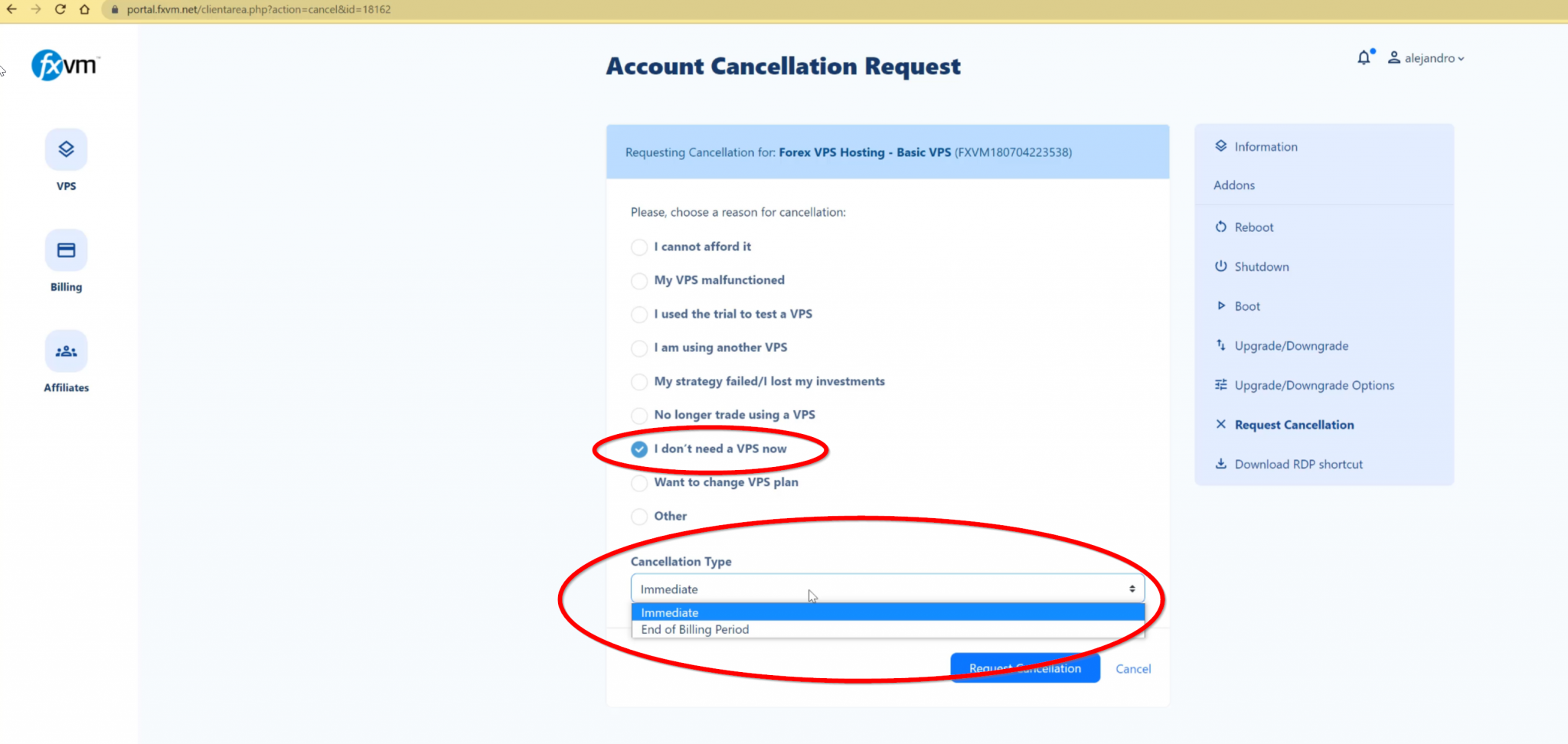FXVM screenshot: FXVM account cancellation