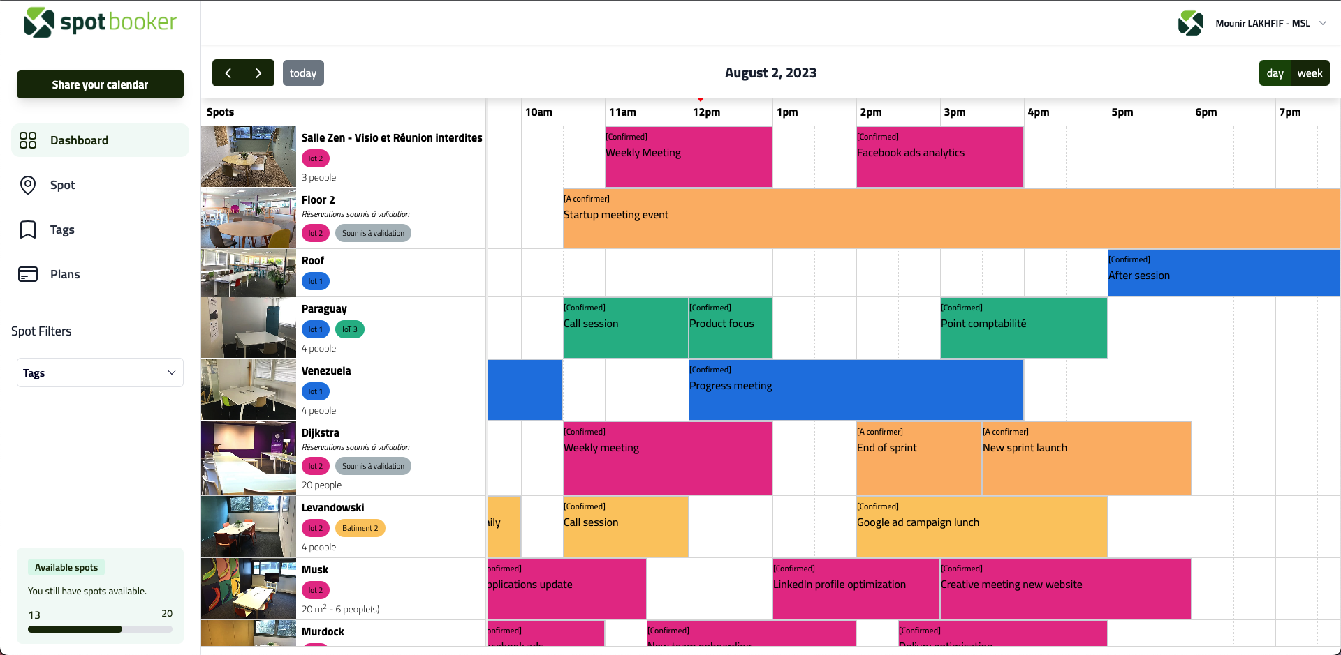 Spot Booker screenshot: SpotBooker Dashboard - Quickly view all your bookings and availability for a specific week, day or time slot at a glance!