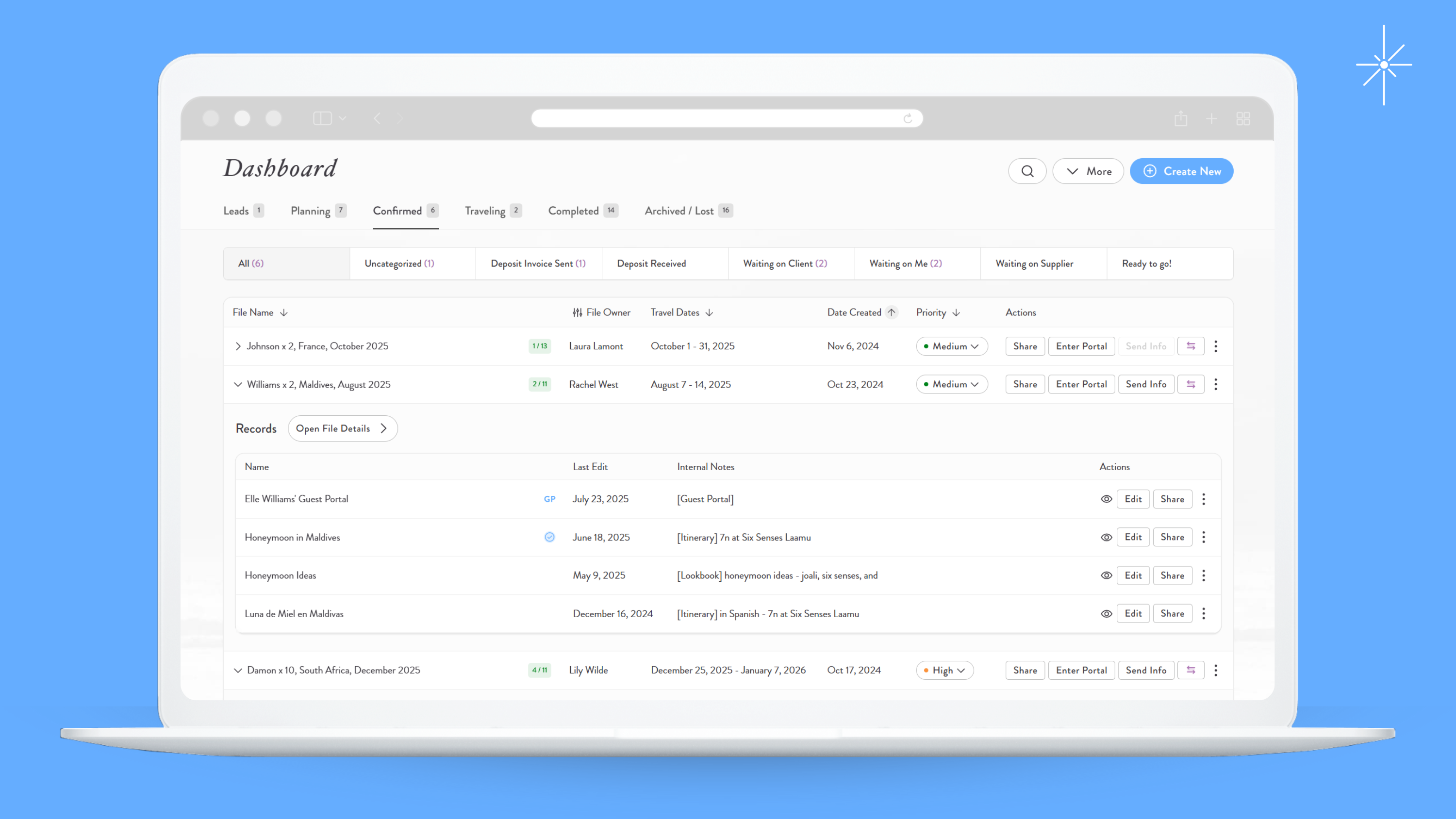 Safari Portal screenshot: Manage trips at every stage and move them seamlessly through your customizable pipelines, plus access associated contact, invoice, and financial information. 