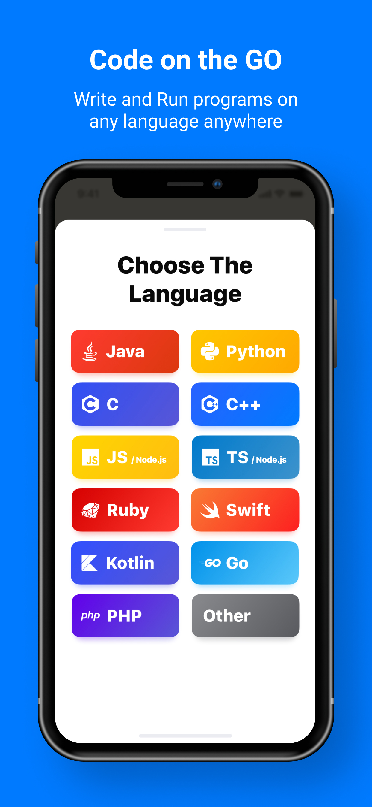 Code on the go. Write and Run programs on any language anywhere!
