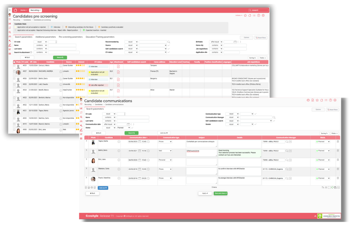 EcosAgile Recruiting screenshot: Cloud-based software solution for managing all recruitment stages: multi-channel collection, CV management, screening, interviews, evaluations, agency integrations, tests, notifications, compliance, and business intelligence.
