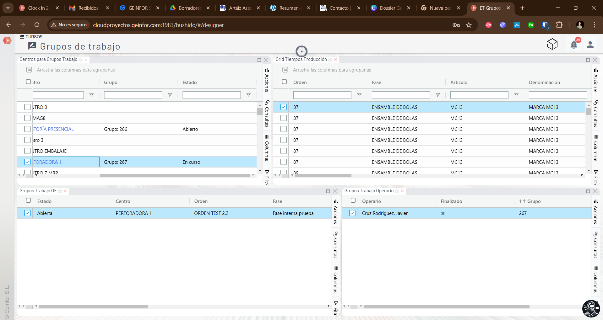 Geinfor ERP screenshot: Vista de Grupos de Trabajo