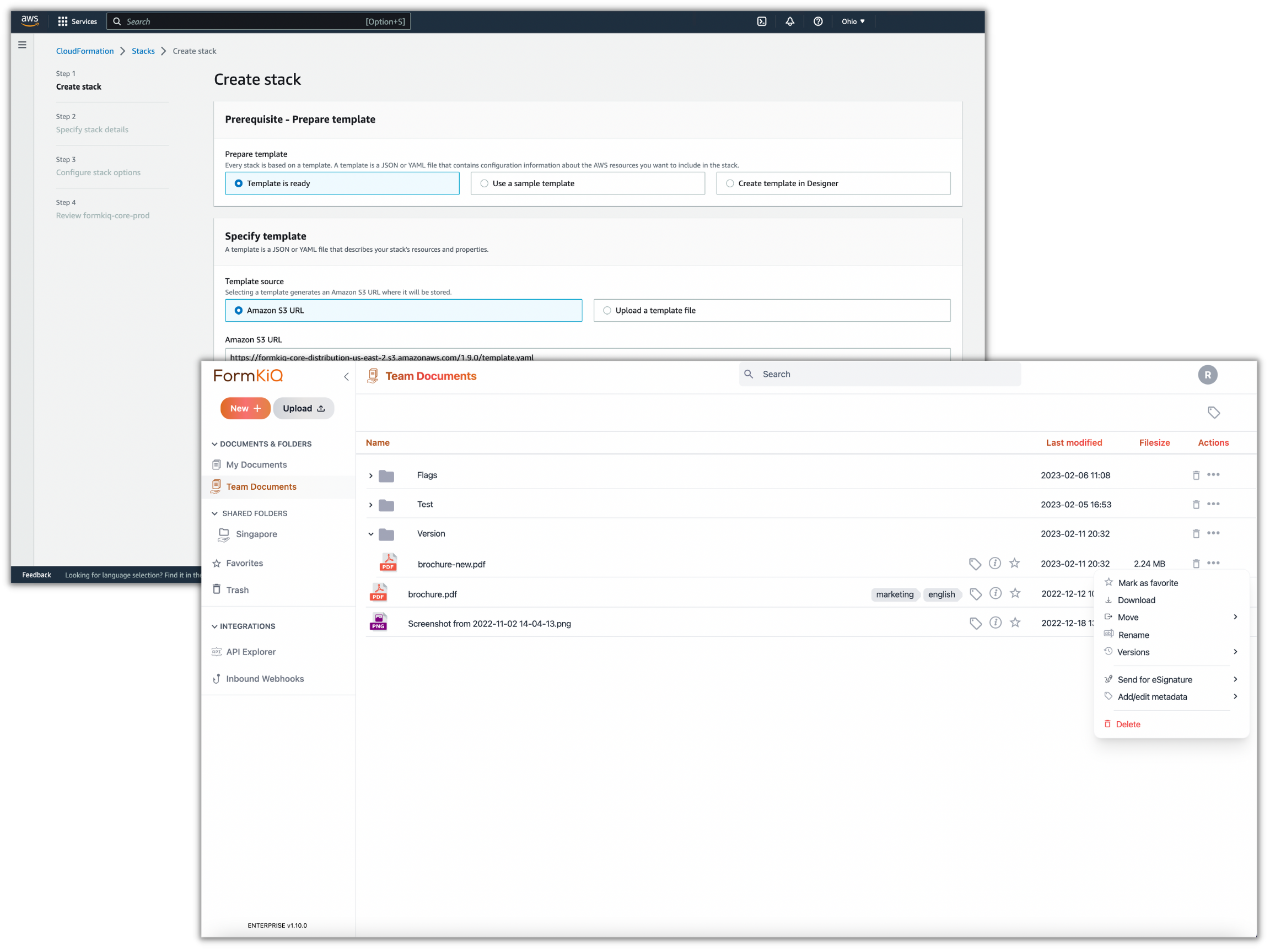 FormKiQ screenshot: Features: CloudFormation install, Document List