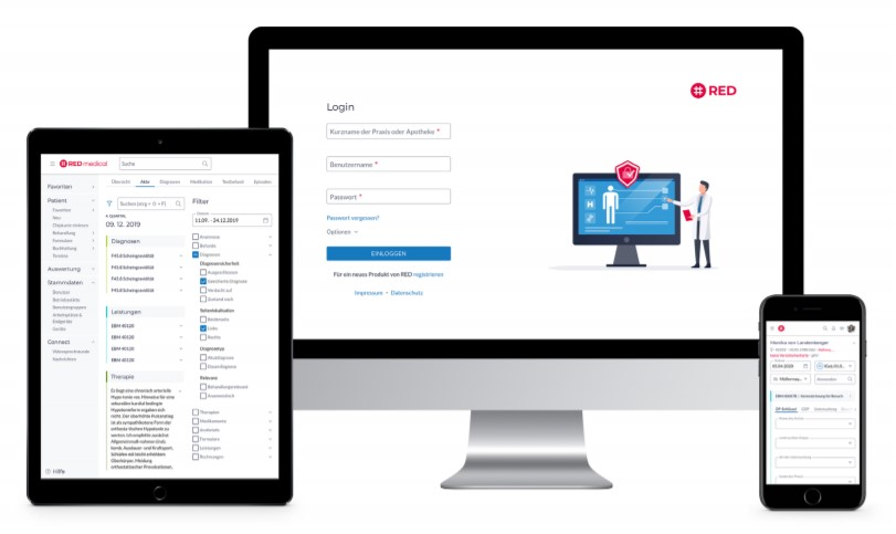 RED medical screenshot: RED medical login and homepage