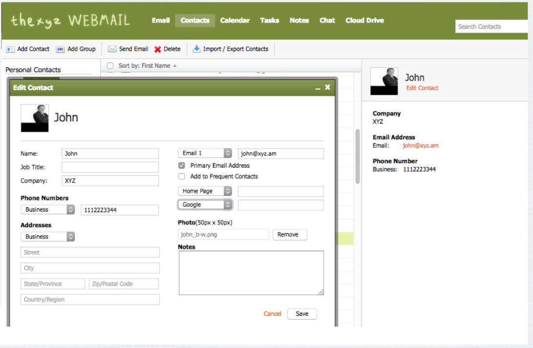 Thexyz Webmail contacts