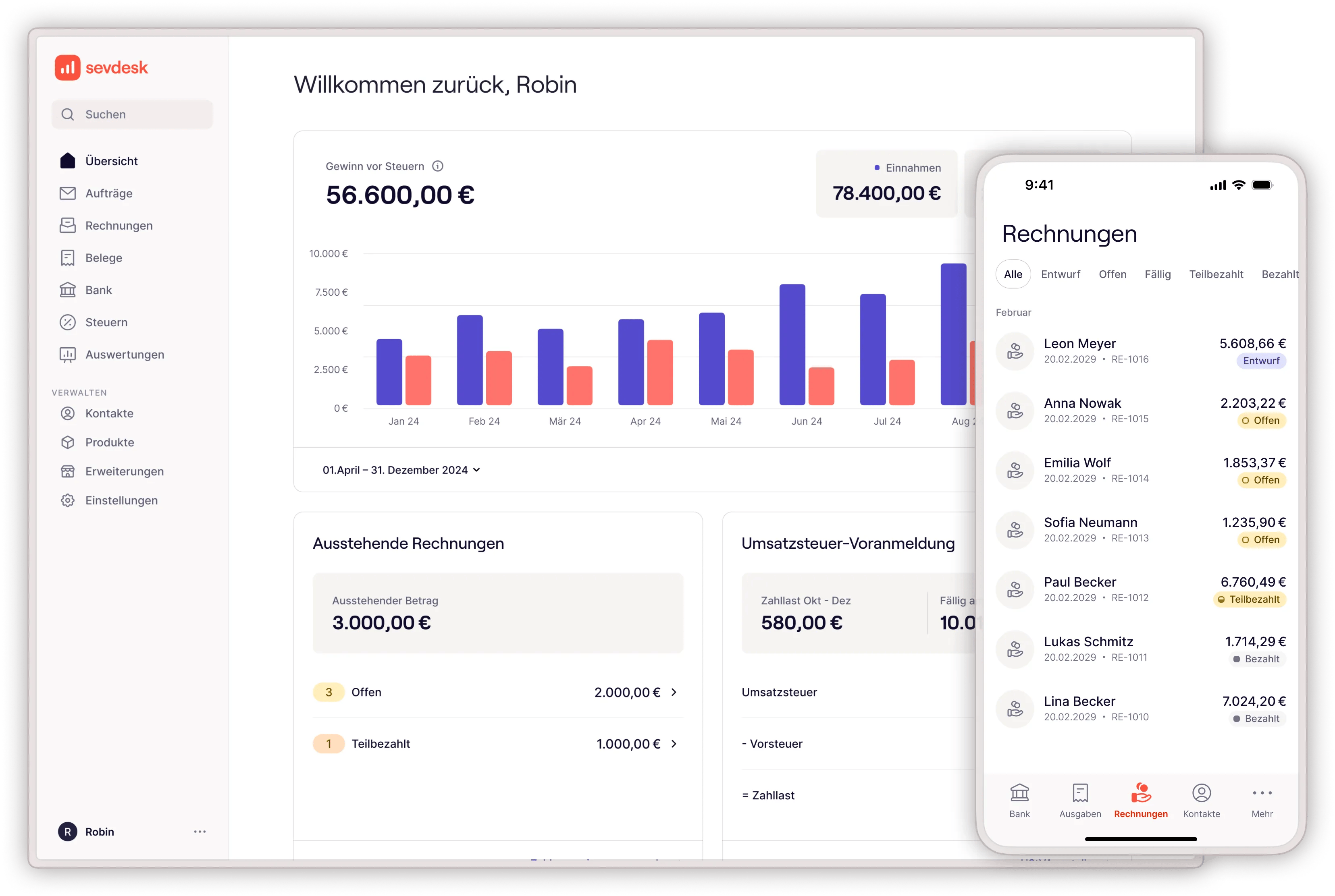 sevdesk screenshot: Financial overview in sevdesk accounting software