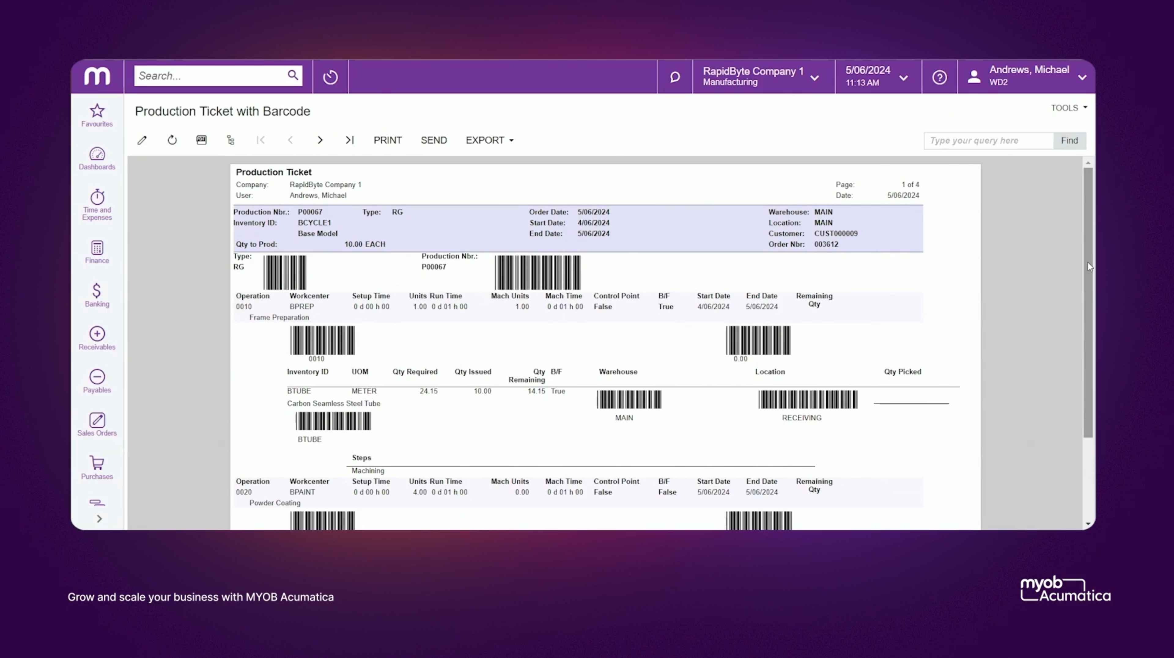 MYOB Acumatica Software - Production ticket with barcodes