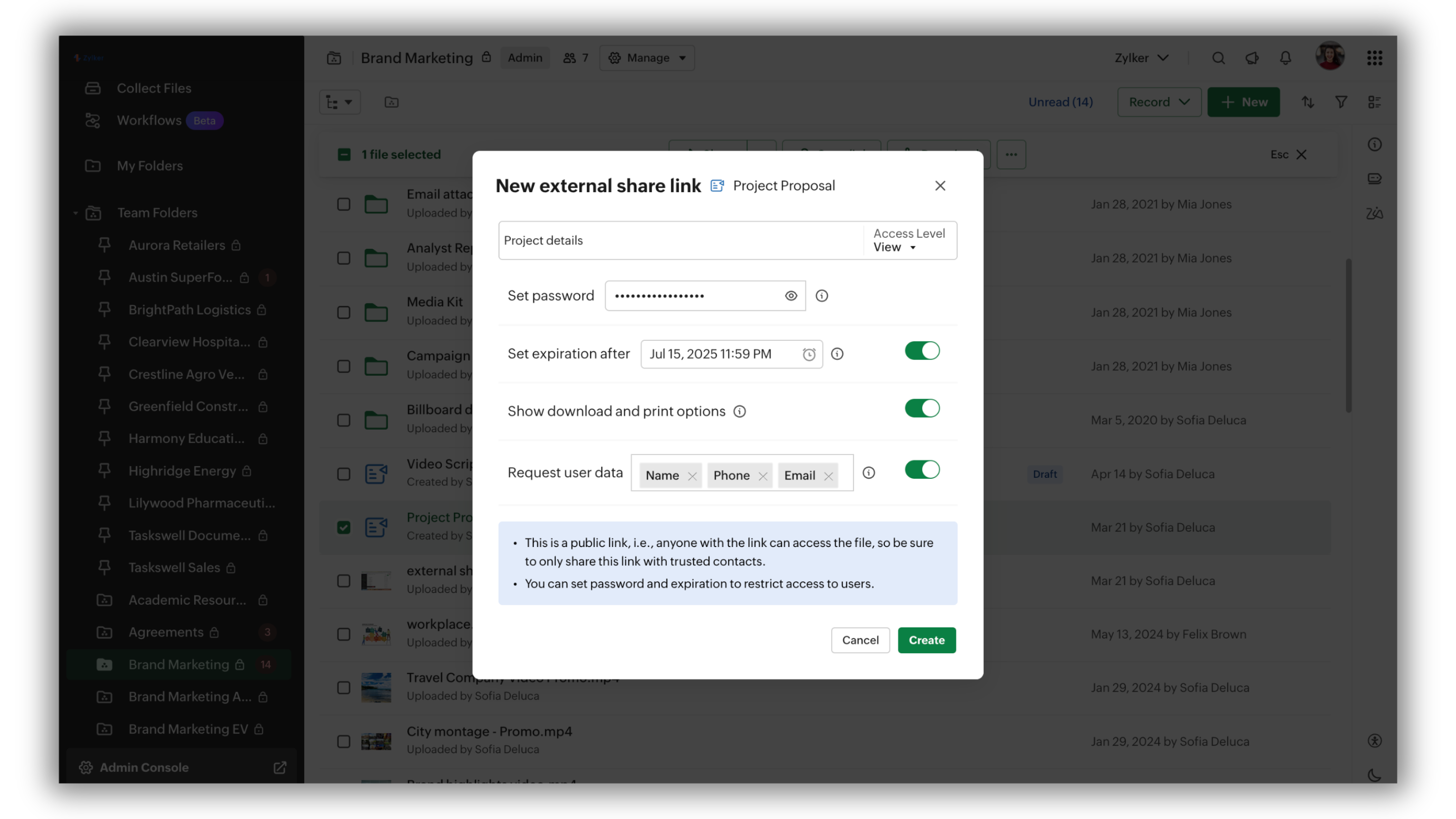 Zoho WorkDrive Software - Securely share files with email/domain whitelisting, OTP links, password protection, expiry settings, and full tracking of shared links.