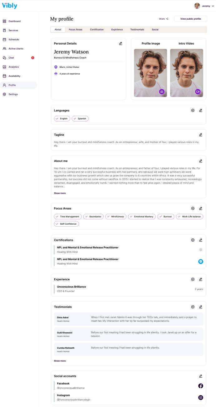 Vibly screenshot: Vibly profile page
