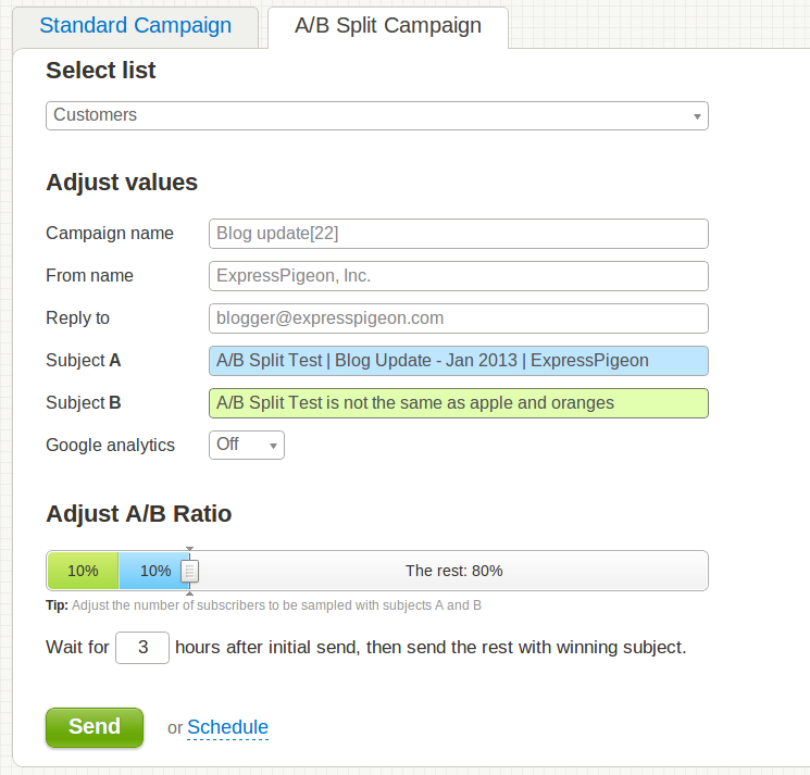 ExpressPigeon screenshot: Carry out AB tests to maximize open and click rates with ExpressPigeon