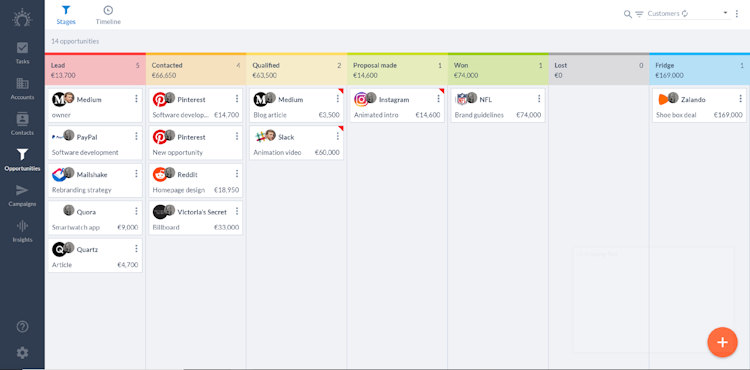 Salesflare screenshot: Salesflare clearly visualizes the status of what you're working on. Take control of your sales opportunities with a visual drag-and-drop pipeline.