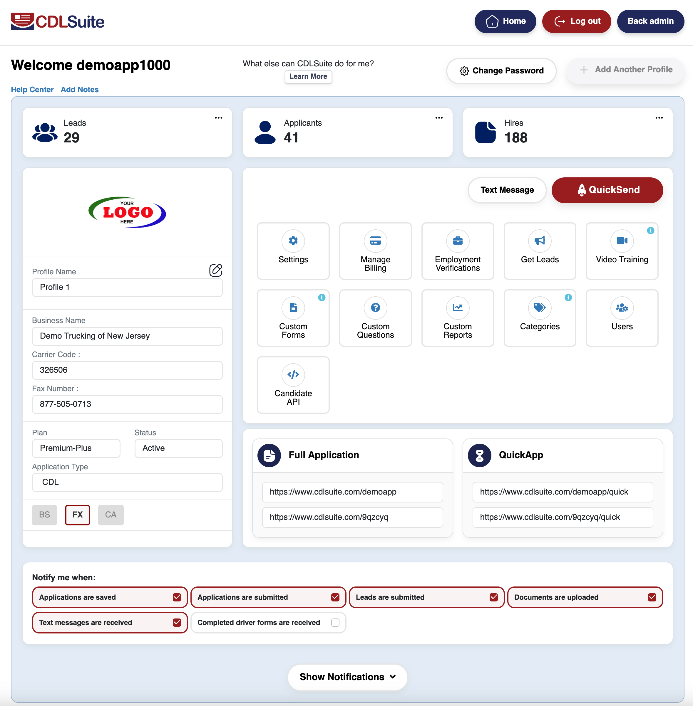 CDLSuite screenshot: CDLSuite dashboard