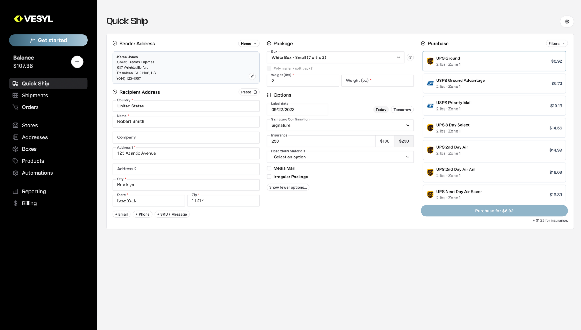 VESYL screenshot: Real-Time Rate Shopping Dashboard: Compare live shipping rates across multiple carriers in one view, helping users quickly select the best price and service for each order.