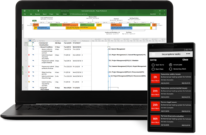 Microsoft Project screenshot: Built-in templates, familiar scheduling tools, and access across devices help project managers and teams stay productive