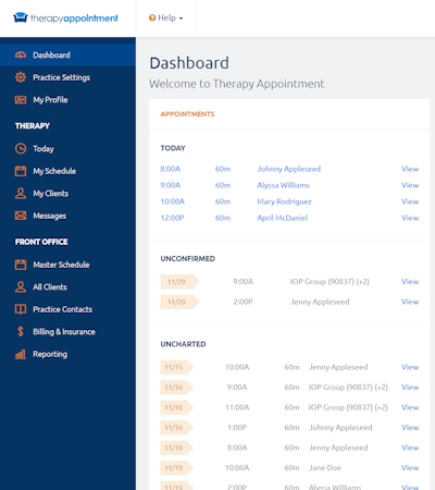 TherapyAppointment screenshot: The TherapyAppointment dashboard gives users an overview of their upcoming appointments