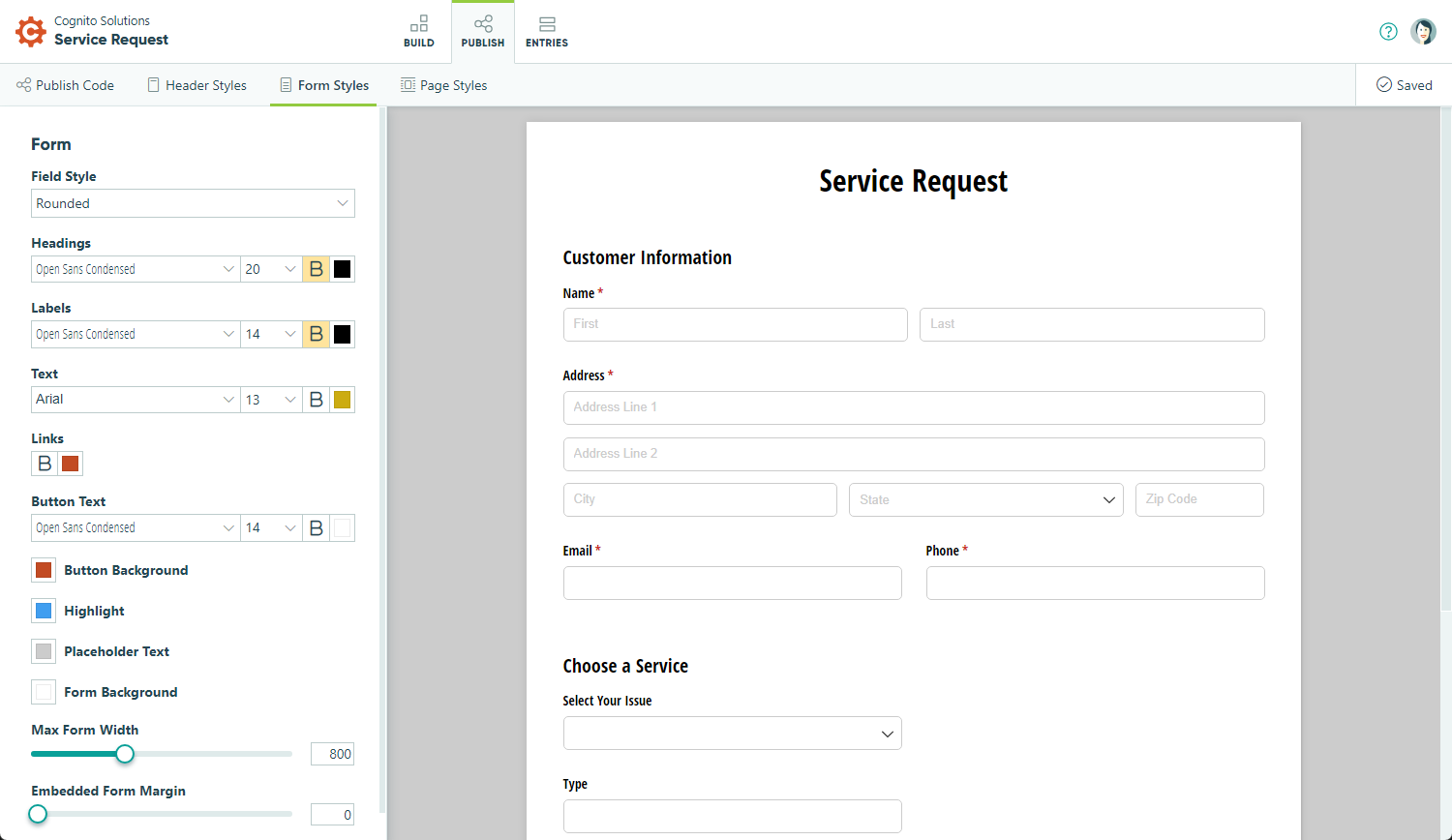 From the Publish page of your form builder, you can customize the styling of your form and then share it with the world.
