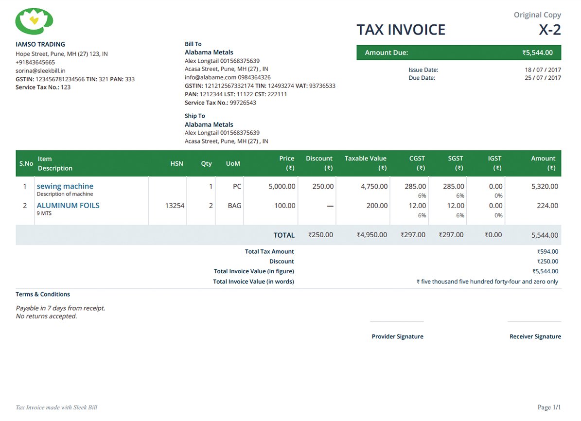Sleek Bill
GST Tax Invoice